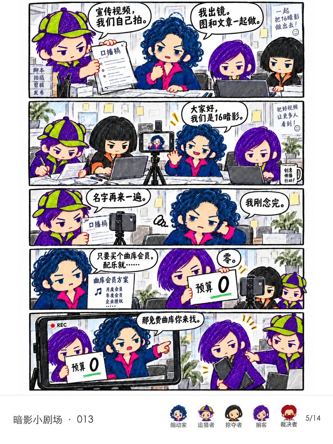 四位同事自己录制宣传口播。煽动家提出曲库会员后被预算牌打断，将寻找免费曲库交还掮客。第四排左侧没有耳机或脸边抬手。