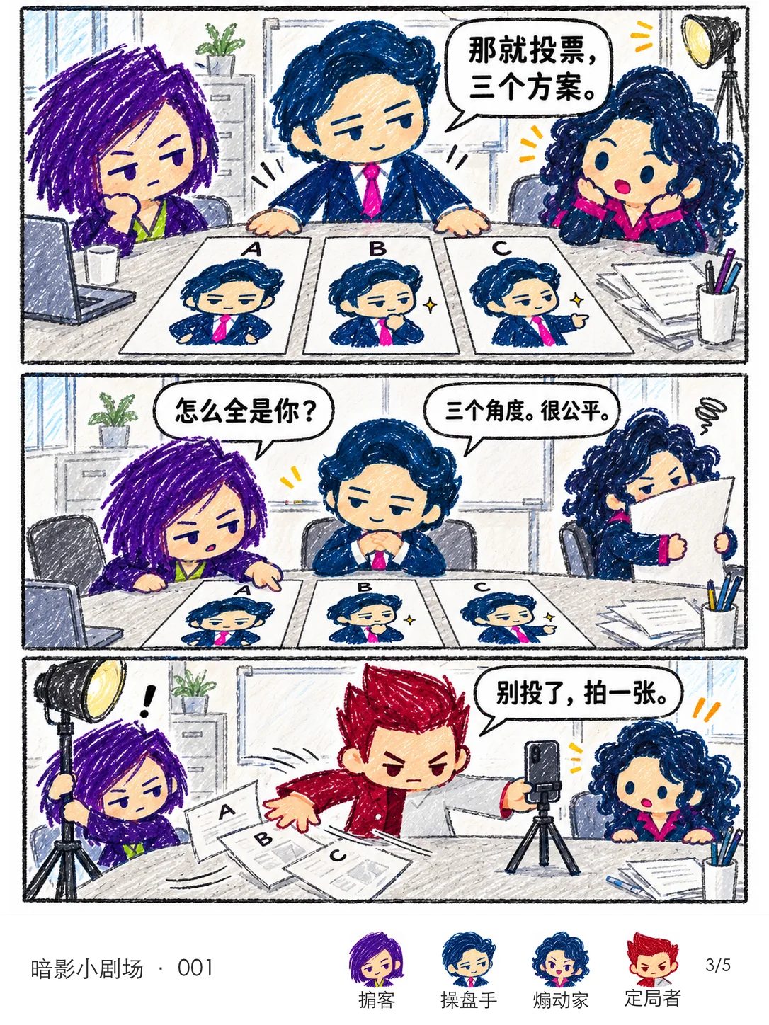 操盘手拿出三个方案,都是自己的不同角度。定局者扫开提案,决定合影。
