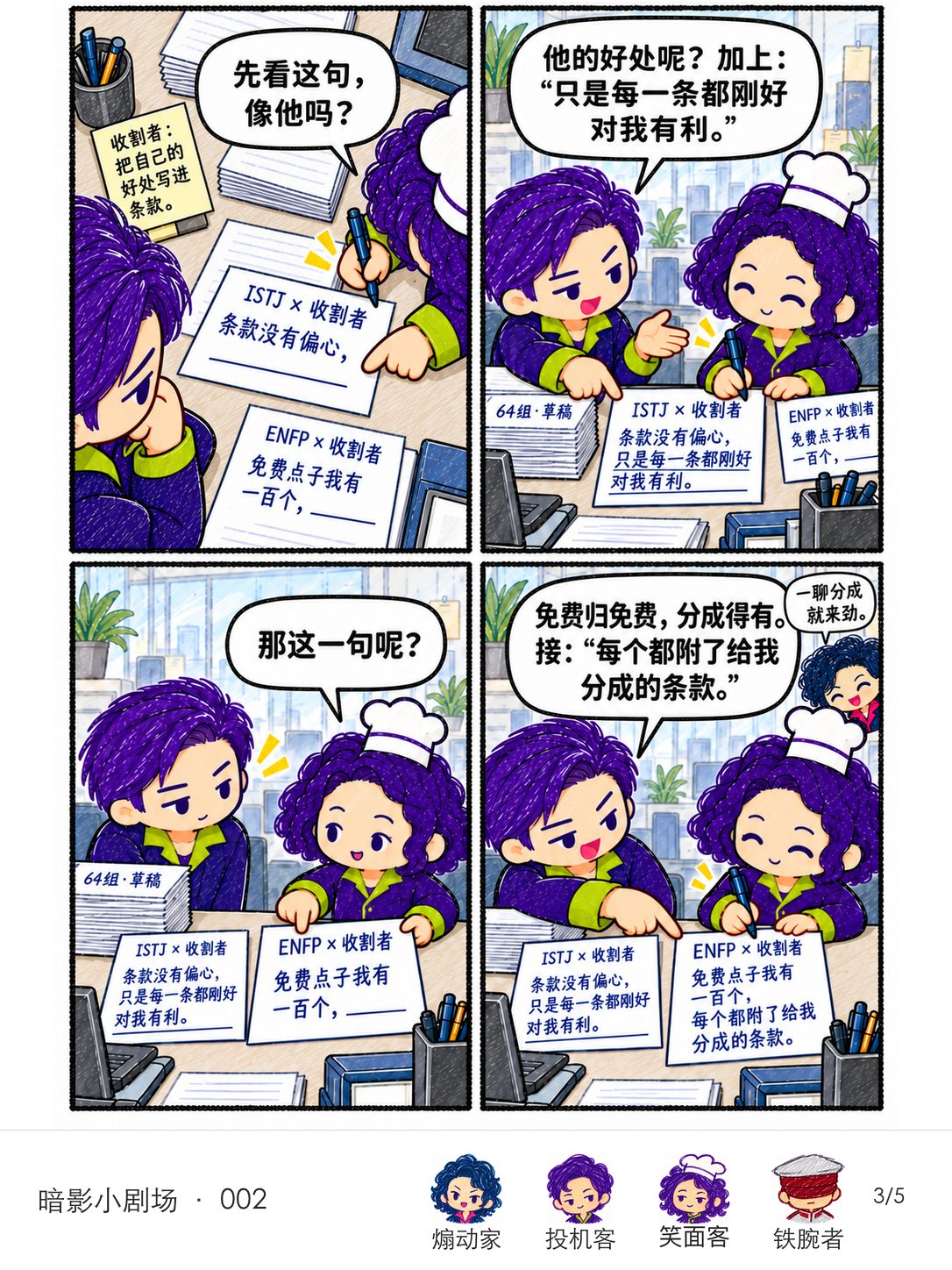 笑面客和投机客逐句补完收割者的两条组合台词，旁边的人看出他对分成产生兴趣。