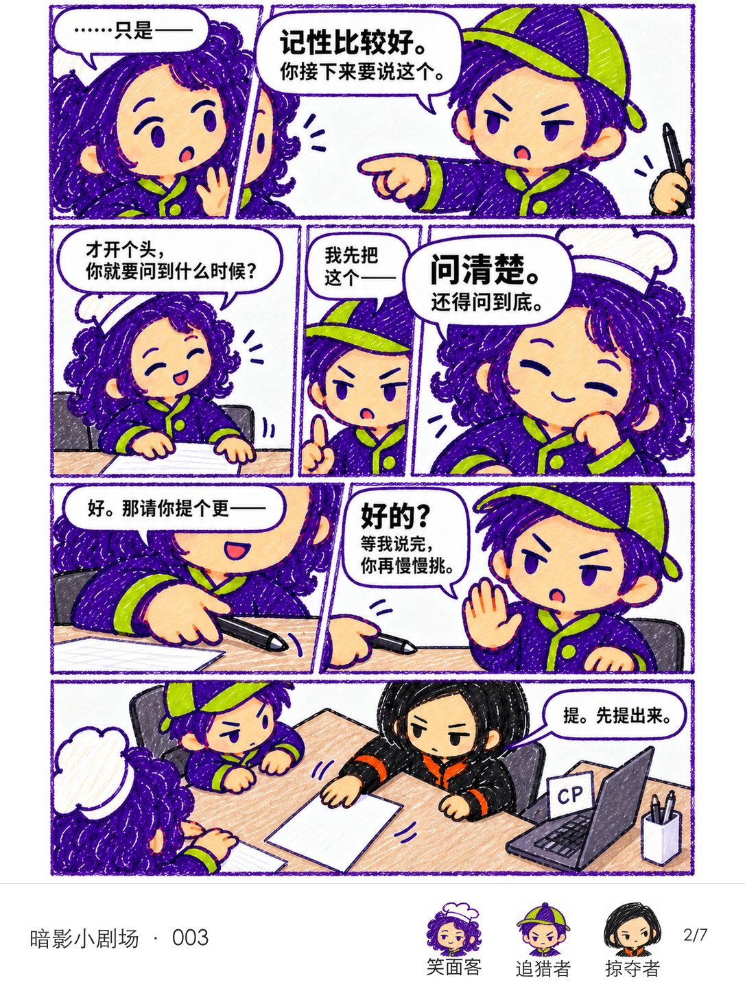 笑面客和追猎者不断替对方补完句子，掠夺者要求把建议写到页面上。