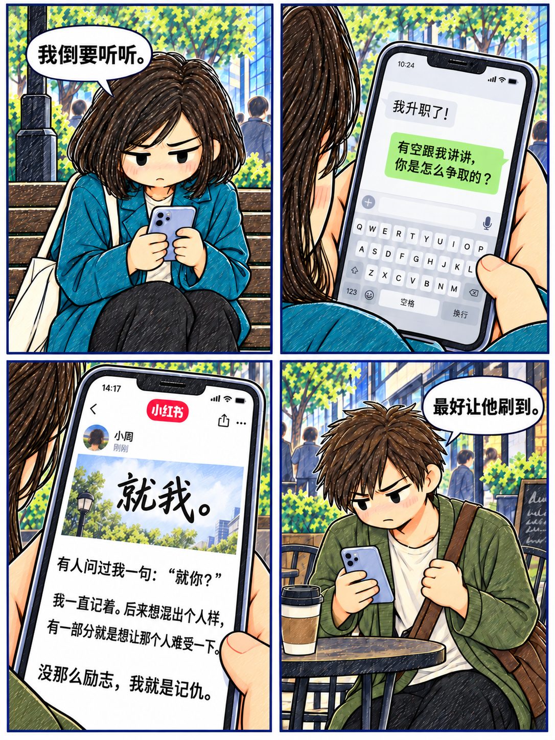 普通直线边框的生活片尾:女路人仍不服却询问晋升方法,男路人发布承认记仇的小红书图文,希望旧人刷到。