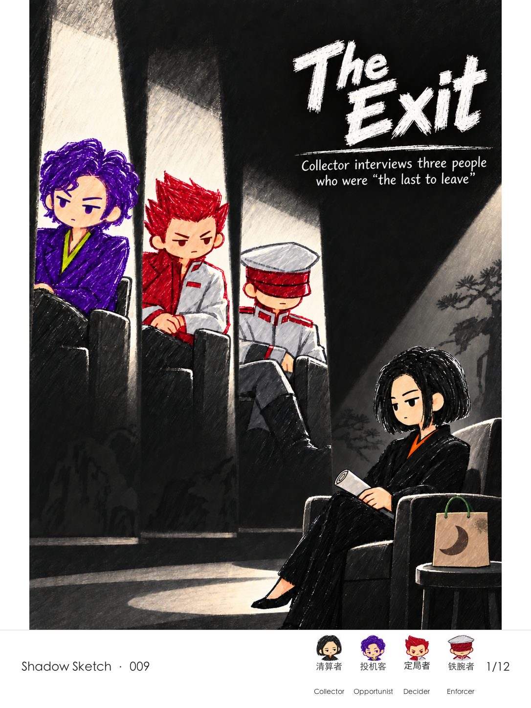 Cover: Collector faces Opportunist, Decider, and Enforcer in a dark interview setting. The title is “The Exit,” and all three are described as the last person to leave.