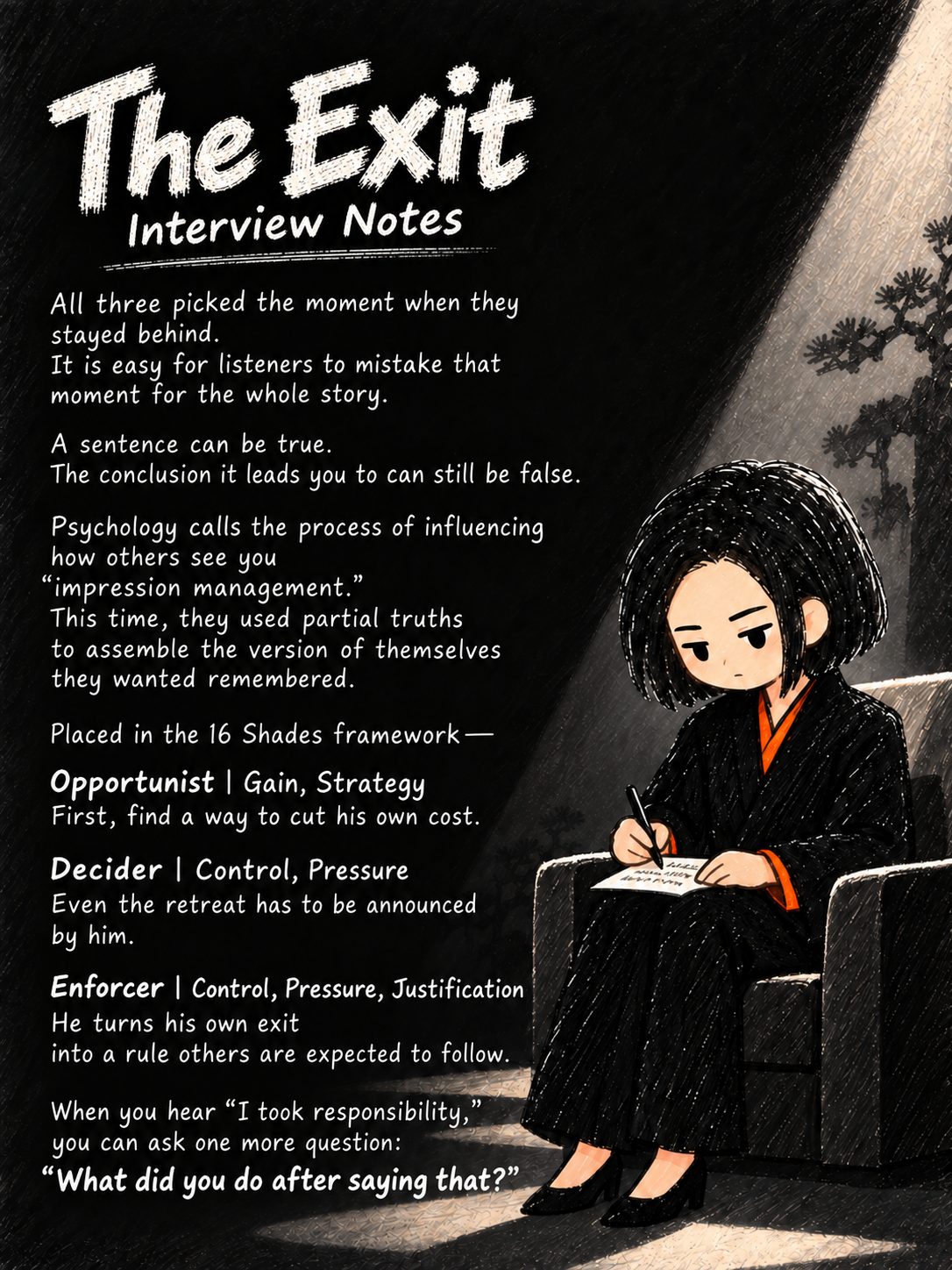 Collector sits on the right, writing. Her interview notes examine how the three manage impressions with partial truths, connect their choices to the 16 Shades framework, and suggest asking what they actually did after claiming responsibility.