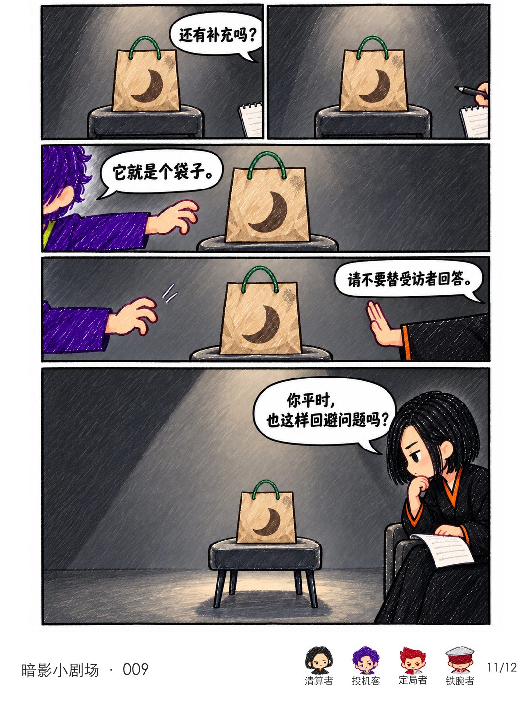 回到采访现场,清算者继续询问纸袋;投机客伸手想拿走它并替它回答,清算者制止后继续追问。