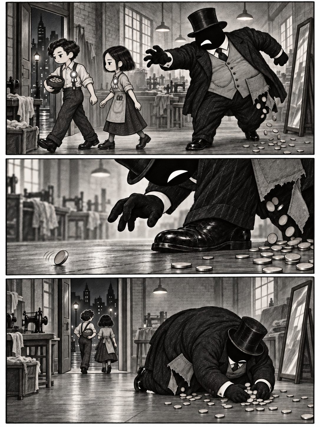 The boss reaches after the departing workers, then notices a rolling coin beside his shoe. He crouches to gather his money as they leave the workshop. Collector’s scissors are tucked into her apron pocket.