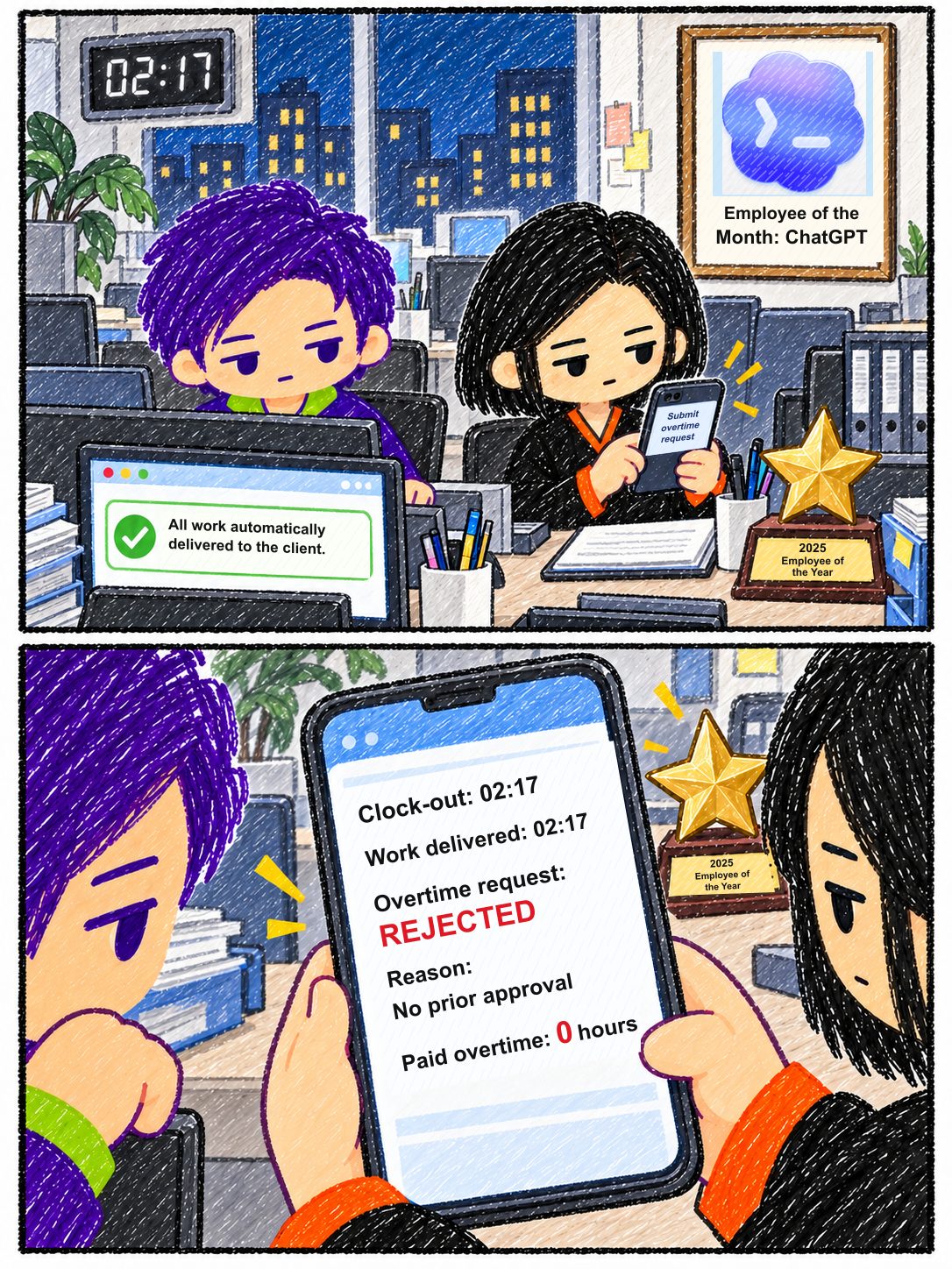 In a colored-pencil office, a computer confirms delivery. A 2025 Employee of the Year trophy sits on the desk; the wall names ChatGPT Employee of the Month beneath a Codex icon. A phone records clock-out and delivery at 02:17, but rejects the overtime request for lack of prior approval. Paid overtime: 0 hours.