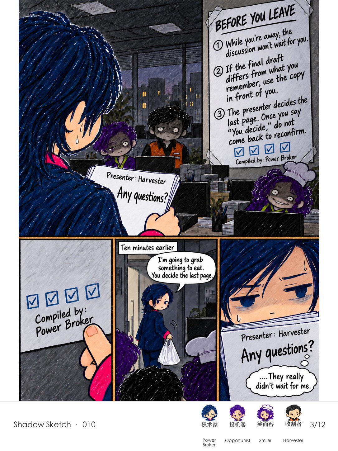 A notice titled “Before You Leave” says discussion will not wait for anyone who steps away, the final draft takes precedence over memory, and anyone who says “You decide” should not return to reconfirm. Ten minutes earlier, Power Broker had handed the last page over in exactly those words.