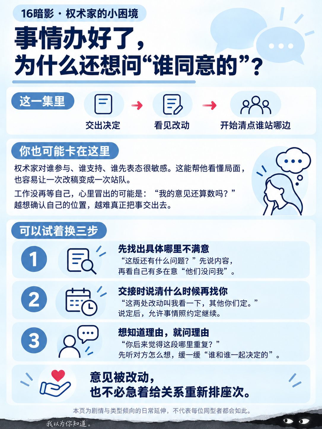 知识页分析权术家为何会把一次改稿变成一次站队,并建议先说清具体内容、交接边界与想问的理由;页底藏着“我以为你知道”的微小恐怖彩蛋。