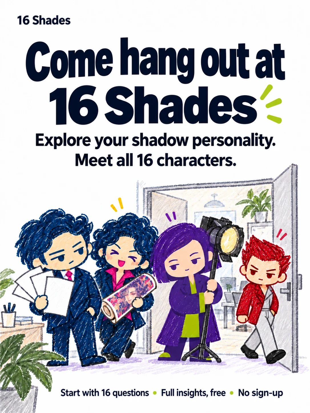 The four leave the meeting room. Puppetmaster holds his proposals, Agitator carries his self-portrait, Broker takes the light, and Decider steps through the door. The heading invites readers to hang out at 16 Shades.