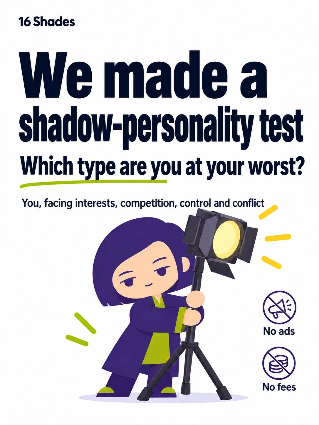 The finished cover: Broker holds a photography light beneath the headline “We made a shadow-personality test”, with “No ads” and “No fees” beside him.