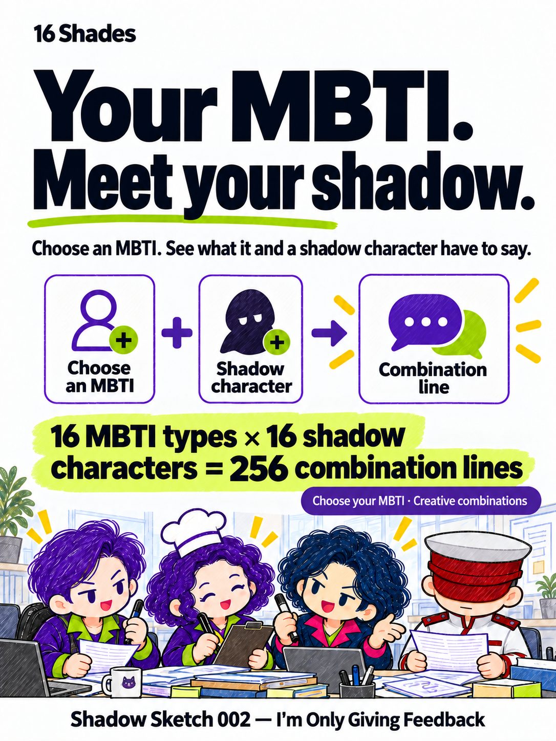 The cover introduces “Your MBTI. Meet your shadow.” and shows how a chosen MBTI, a shadow character, and a combination line connect.