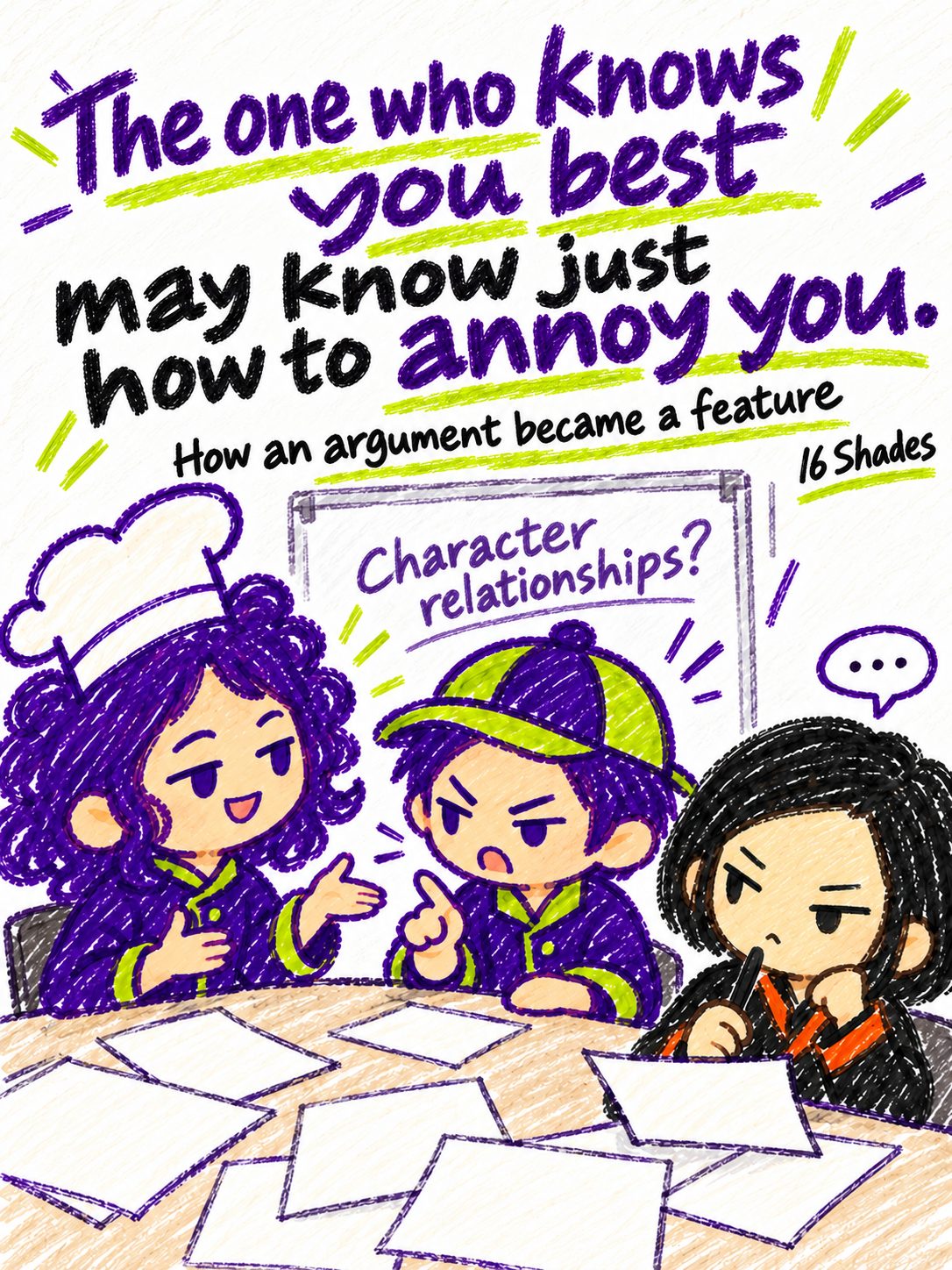 The cover shows Smiler, Pursuer, and Raider discussing character relationships around a table.