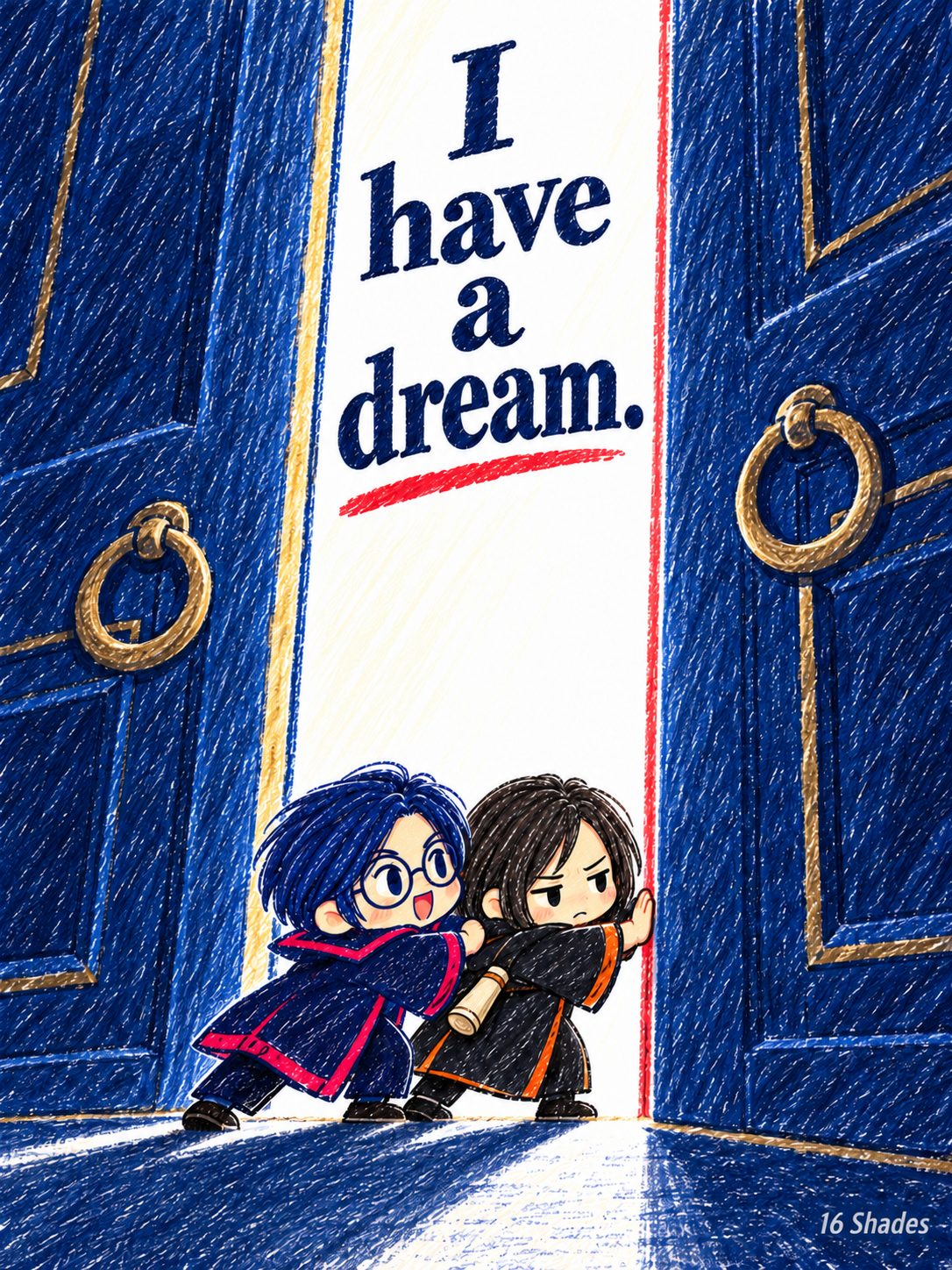 Cult Leader and Collector push open a deep-blue door as white light shines through.