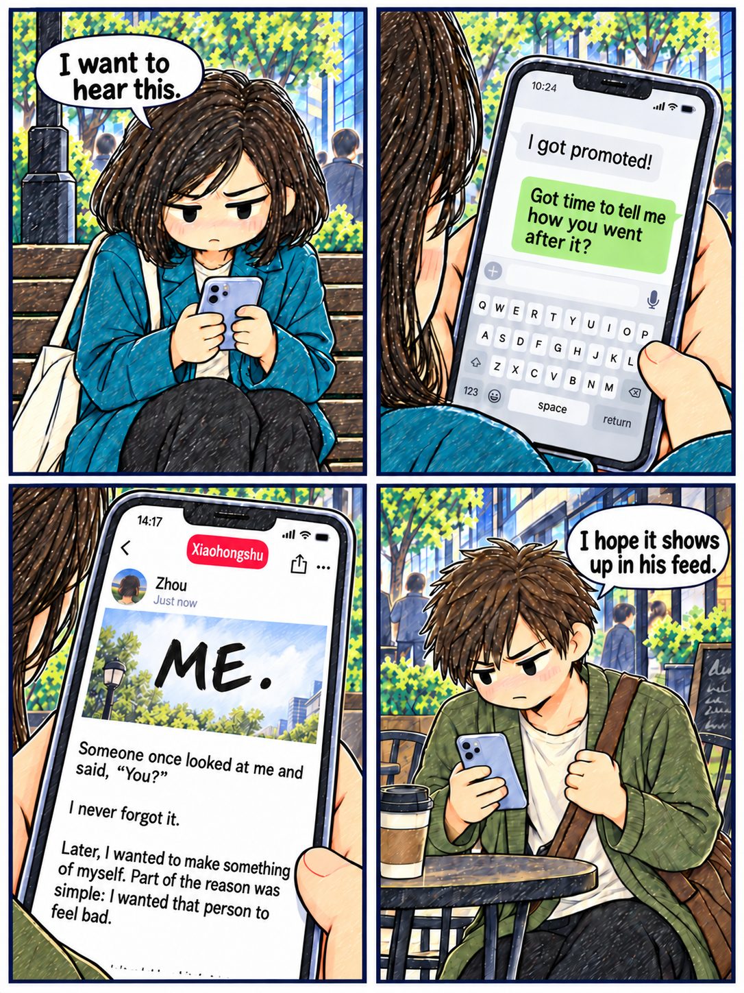 An everyday-life coda in straight rectangular panels: the woman remains resentful but asks how her friend pursued promotion; the man publishes a note about holding a grudge and hopes his old critic sees it.
