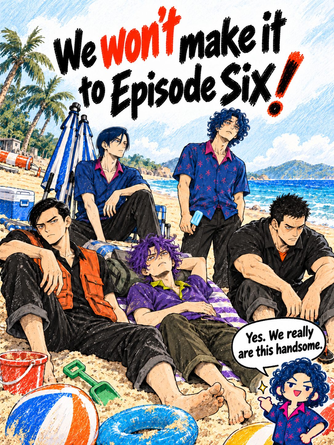 Five exhausted coworkers sit on the beach while a cartoon Agitator proudly claims the cover’s exaggerated good looks.