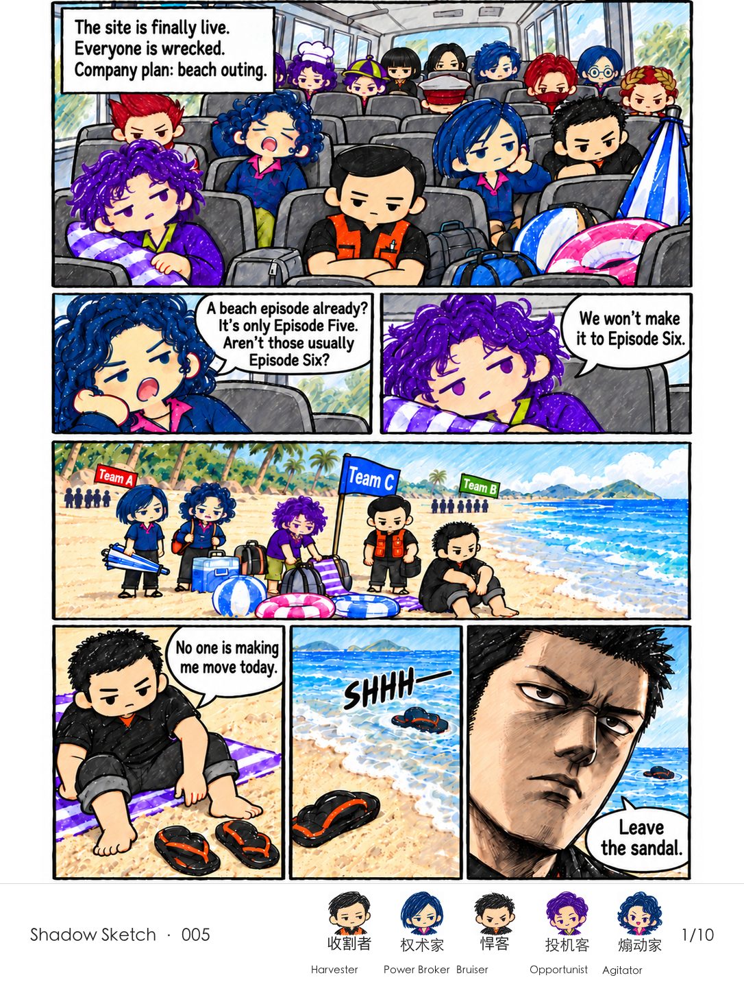 Sixteen exhausted coworkers ride the company bus; at the beach they split into three temporary groups, and a small wave steals one of Bruiser’s sandals as soon as he sits down.