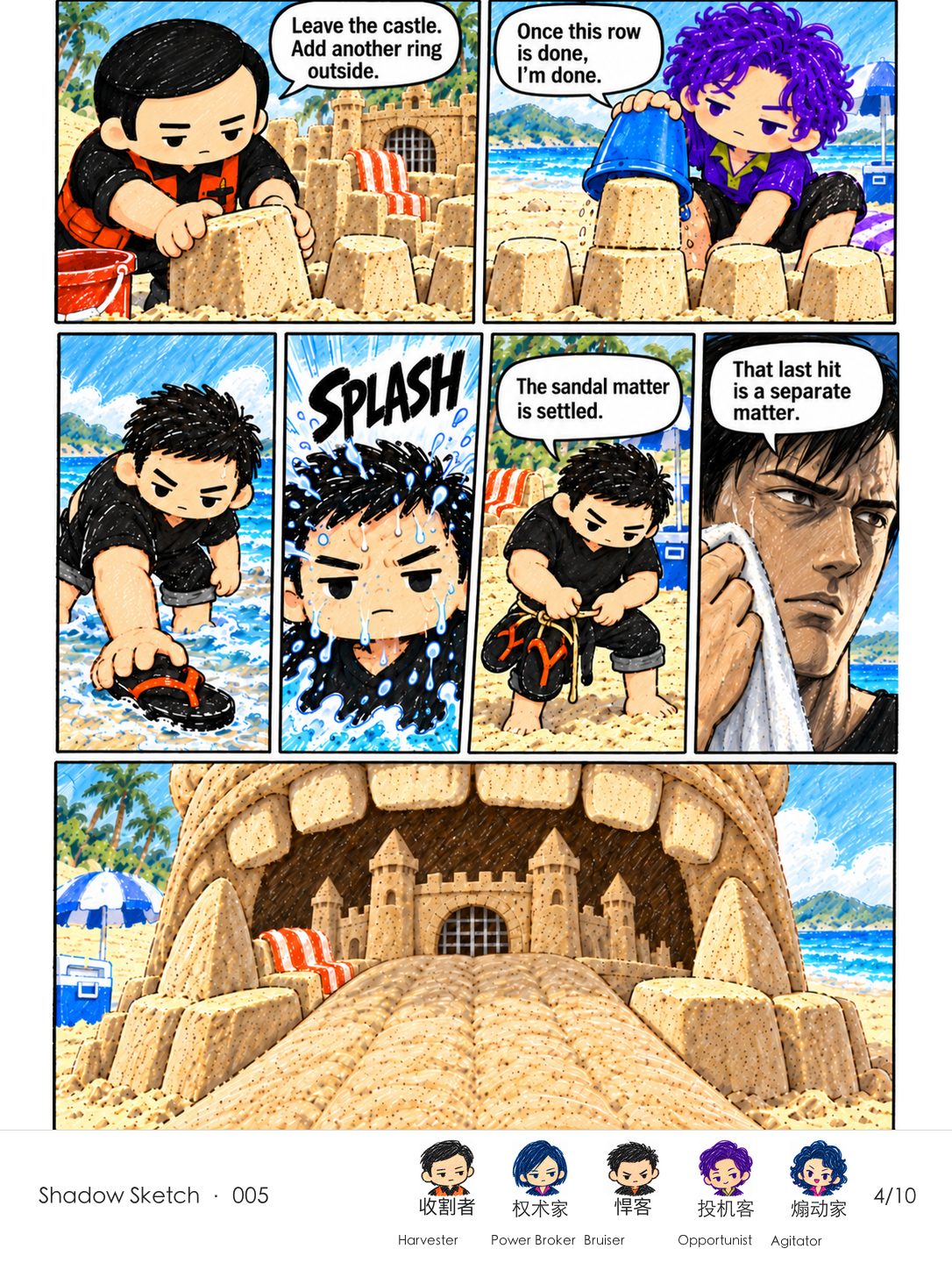 Harvester and Opportunist add a ring of teeth around the castle; Bruiser retrieves his sandal, then opens a new account when a small wave splashes his face.