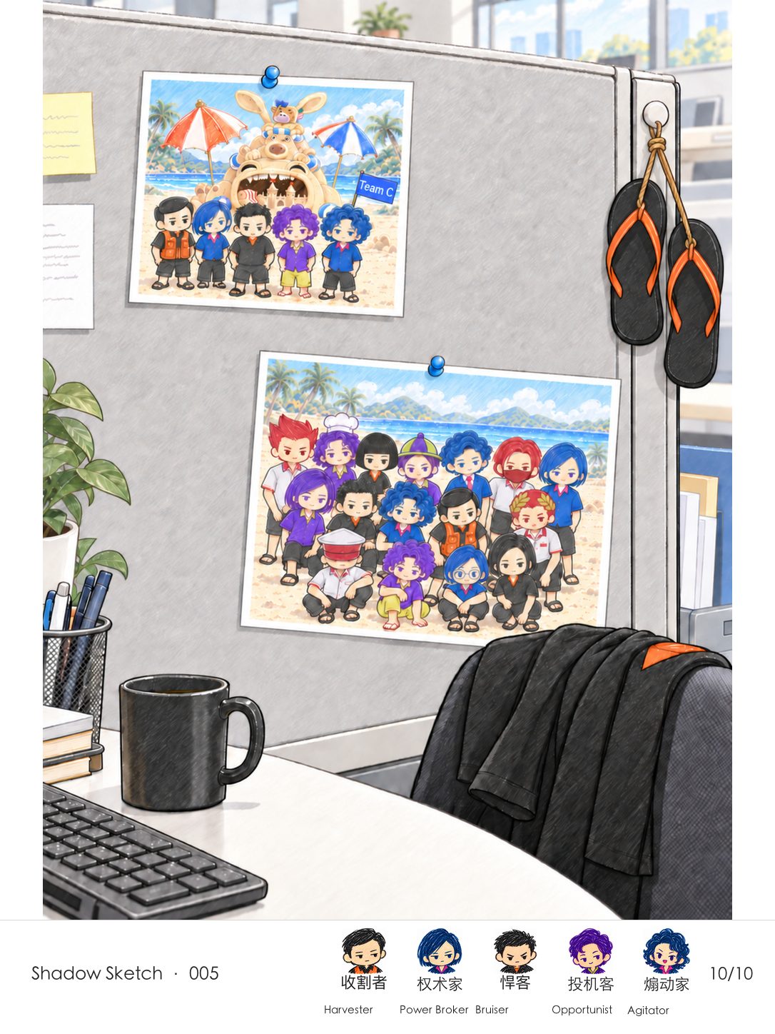 At Bruiser’s bright workstation, photos of the five-person Team C and all sixteen coworkers are pinned beside his clean sandals.