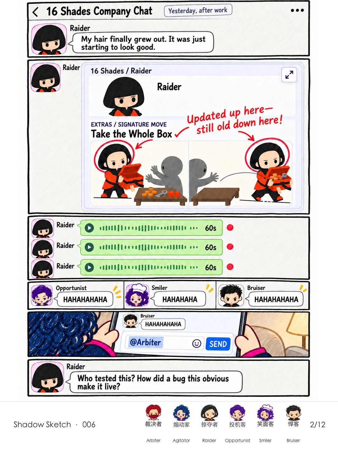 Raider reports that her profile has the new hairstyle while the ability art still shows the old one, then sends three sixty-second voice messages; as coworkers laugh, Agitator has already typed @Arbiter.