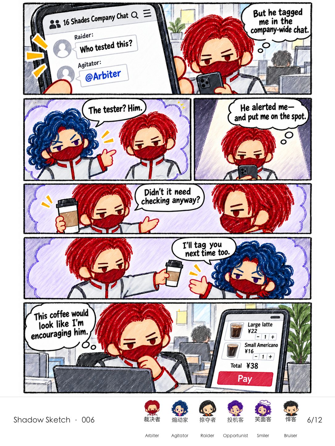 Arbiter rereads the QA question and mention as one exchange, imagining Agitator pointing him out before the whole company and worrying that coffee would encourage it.