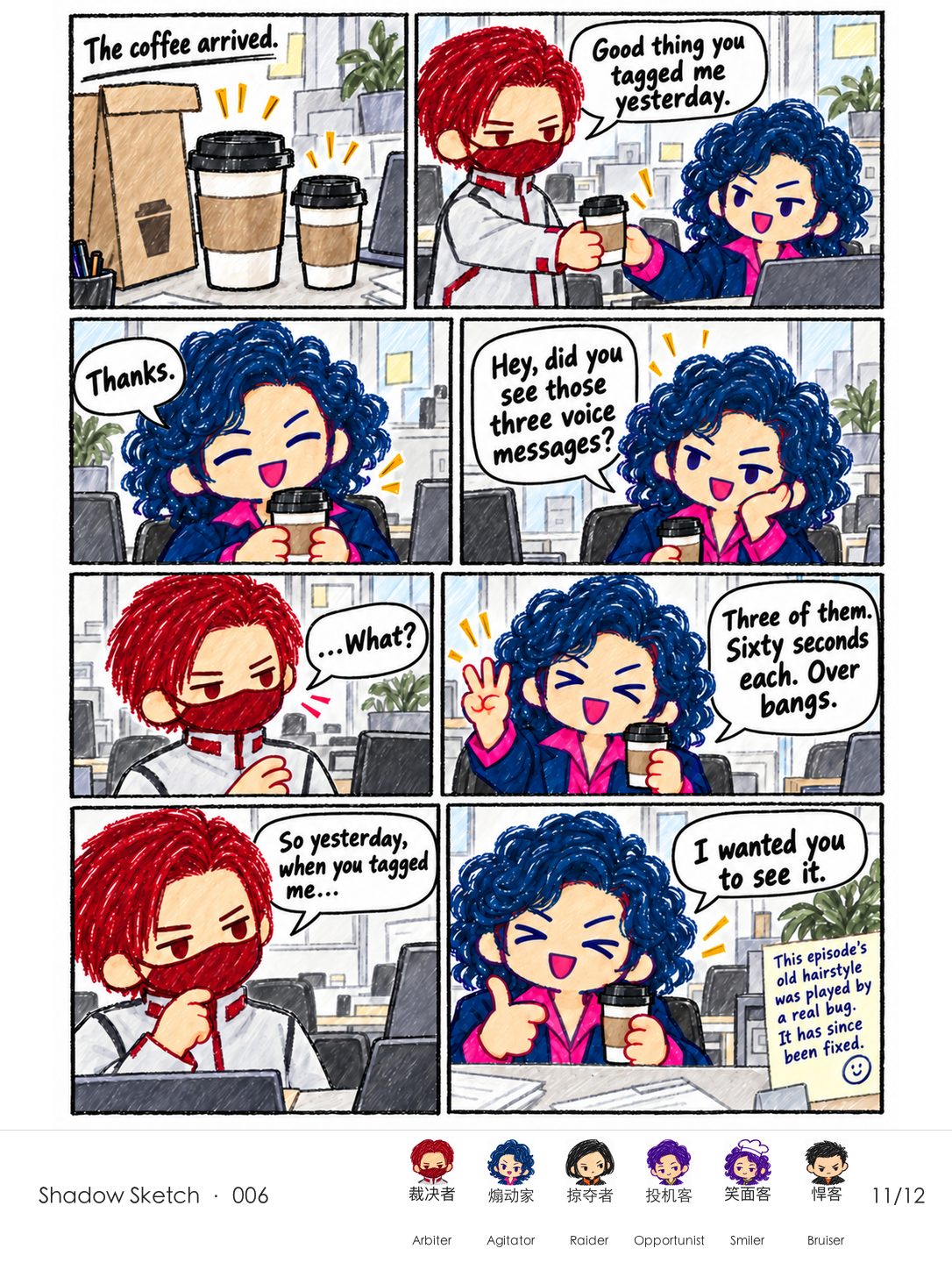 When the coffee arrives, Arbiter hands the small Americano to the real Agitator, who eagerly brings up the three sixty-second messages and says the tag was simply an invitation to look.