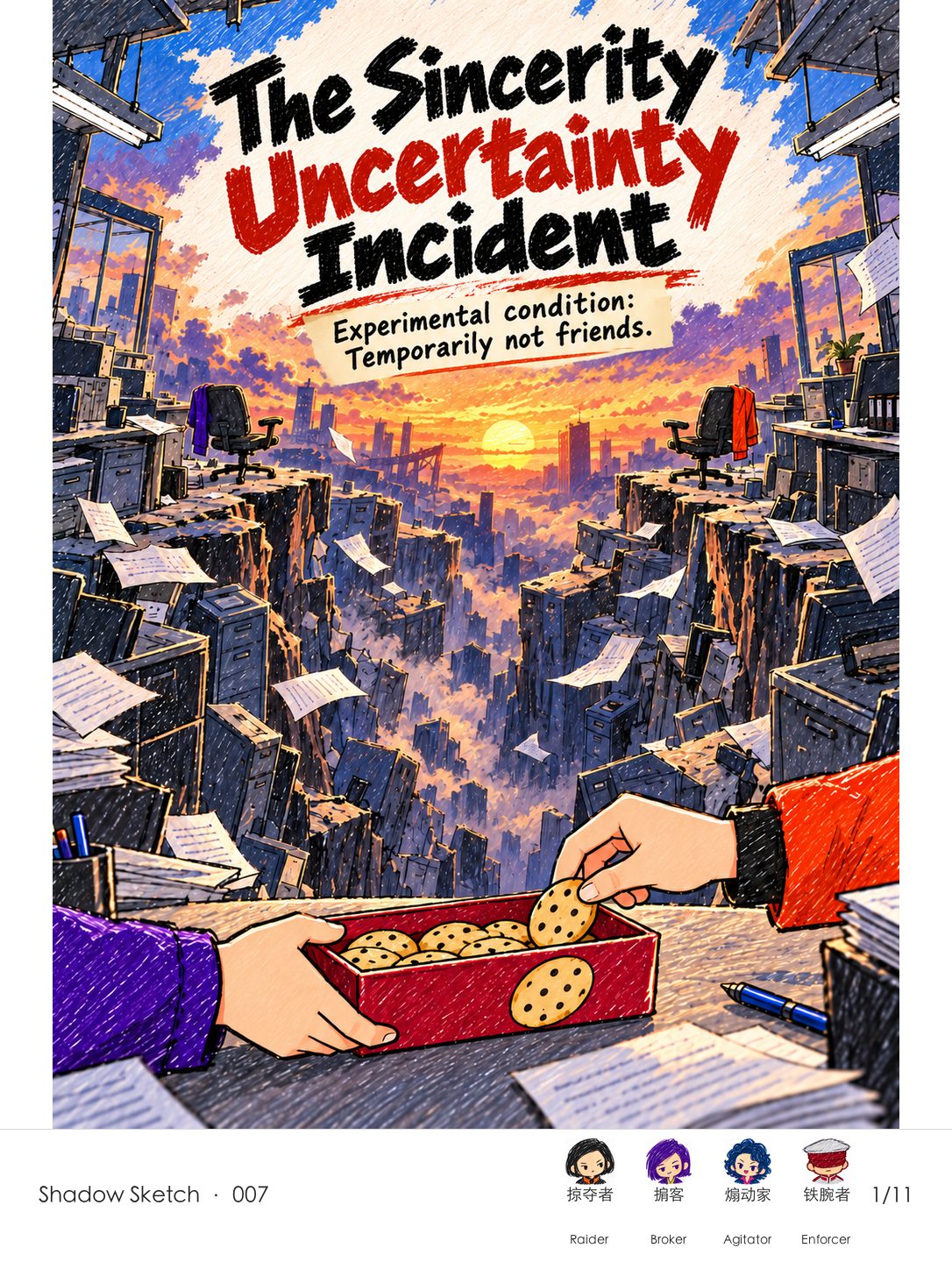 An office splits into a vast chasm between two empty chairs while a purple-sleeved hand holds out a red cookie box and an orange-sleeved hand still takes a cookie.