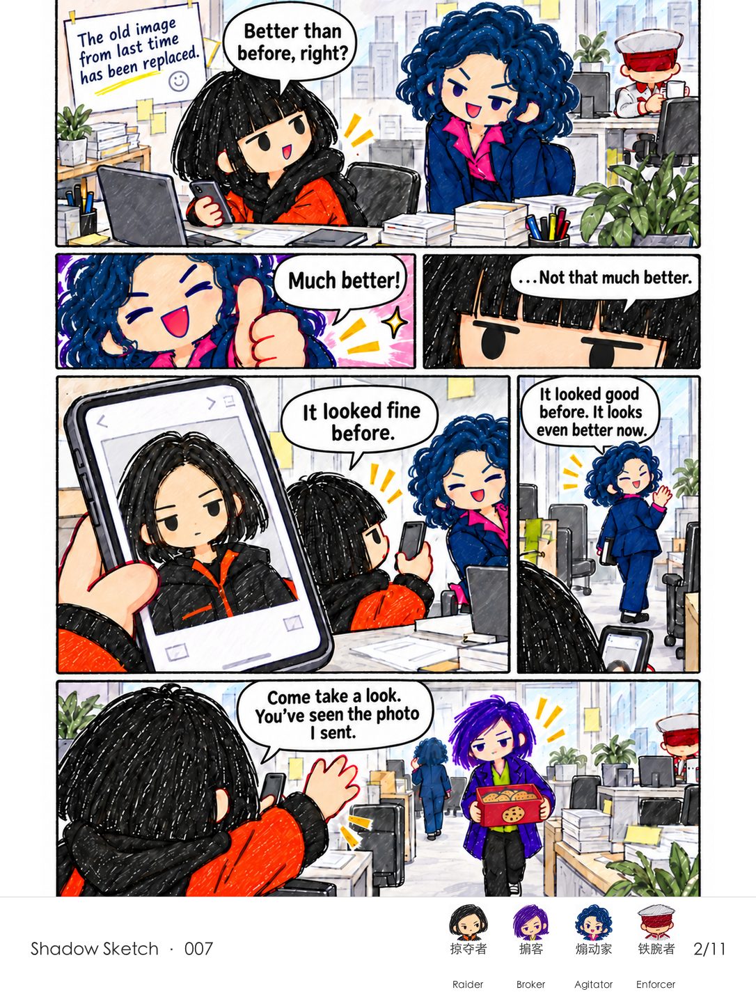 Agitator enthusiastically praises Raider's new haircut; Raider compares it with an old photo, then calls over Broker as she arrives with a cookie box.