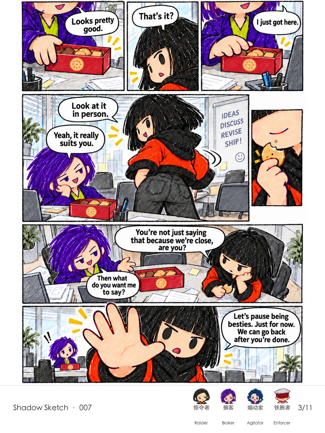 Broker sets down a cookie box and studies Raider's new haircut as Raider turns around; pleased at first, Raider then proposes that they temporarily stop being besties.