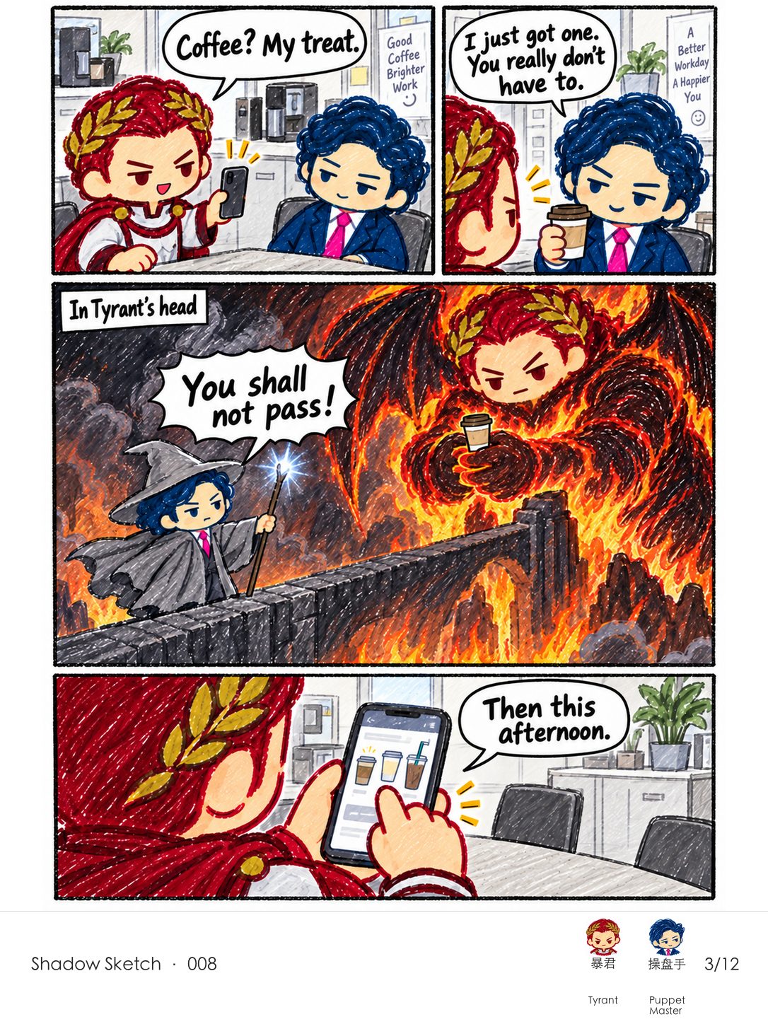 Tyrant offers coffee, but Puppet Master already has one. In Tyrant's mind, he becomes a Balrog carefully carrying a cup, blocked on a bridge by Puppet Master as Gandalf.