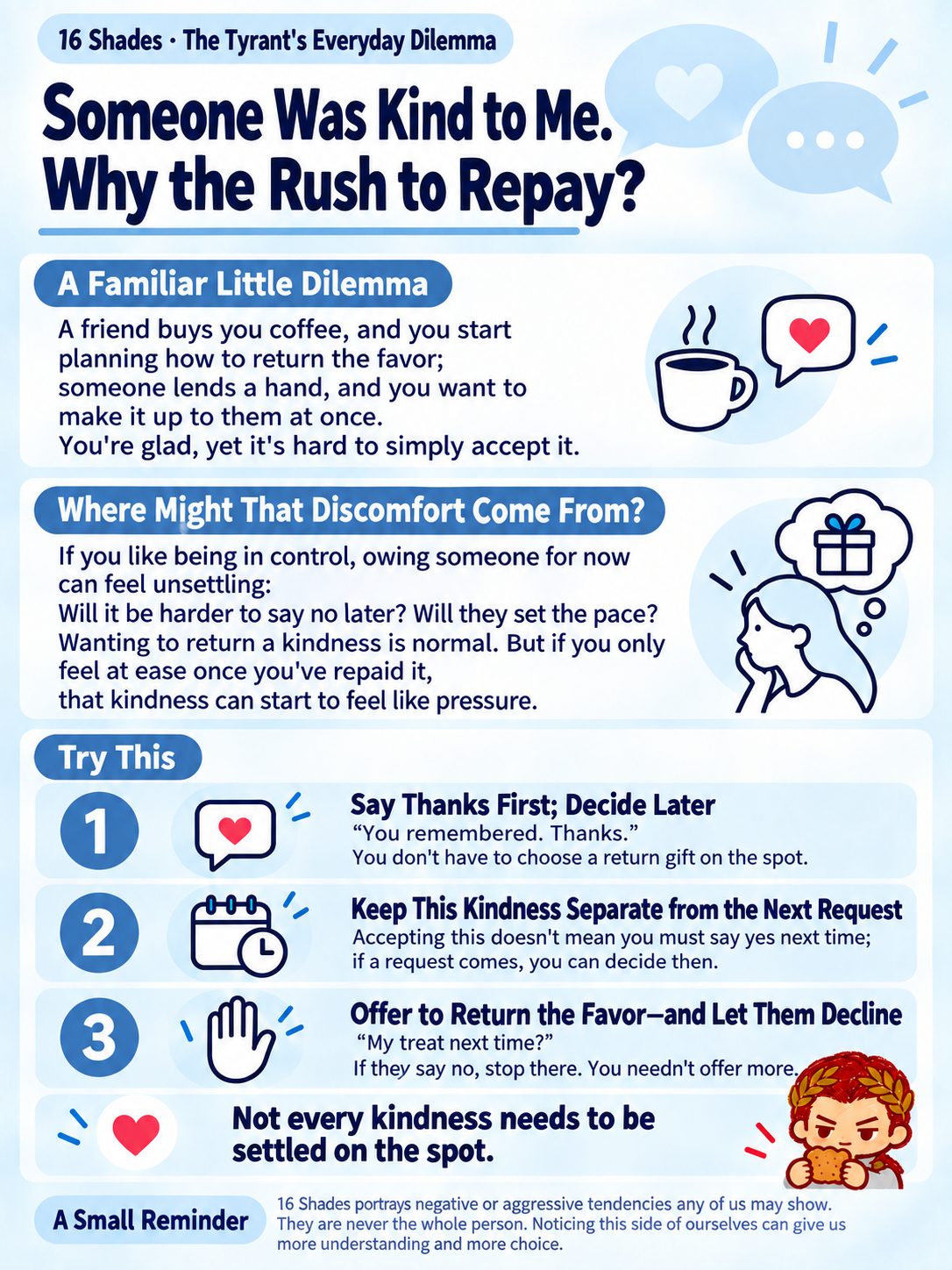 A knowledge page uses coffee and everyday help to explain the pressure to repay kindness immediately. It suggests thanking first, judging future requests separately, and letting someone decline a return gift. A type is not the whole person.
